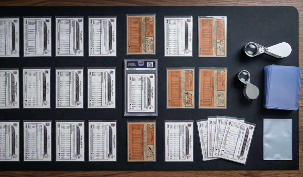 Baseball cards including modern Bowman and vintage Topps copies arranged face-down on a dark desk mat alongside a PSA graded slab, two loupe magnifiers, top loaders, and penny sleeves