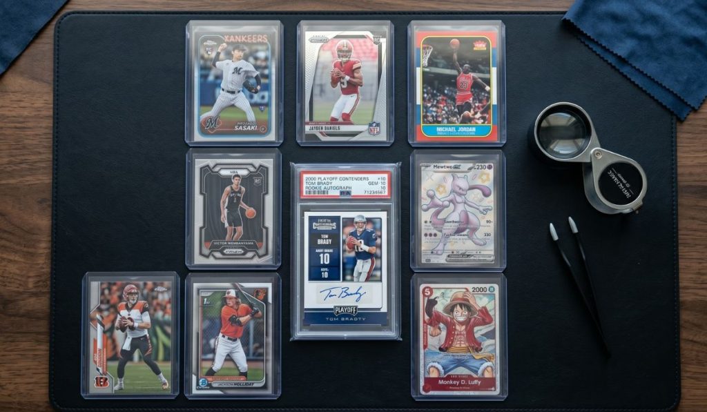 Raw trading cards in top loaders including Roki Sasaki, Jayden Daniels, Michael Jordan, Victor Wembanyama, Jackson Holliday, and a PSA 10 Gem Mint Tom Brady rookie autograph slab displayed on a dark desk mat with a loupe magnifier